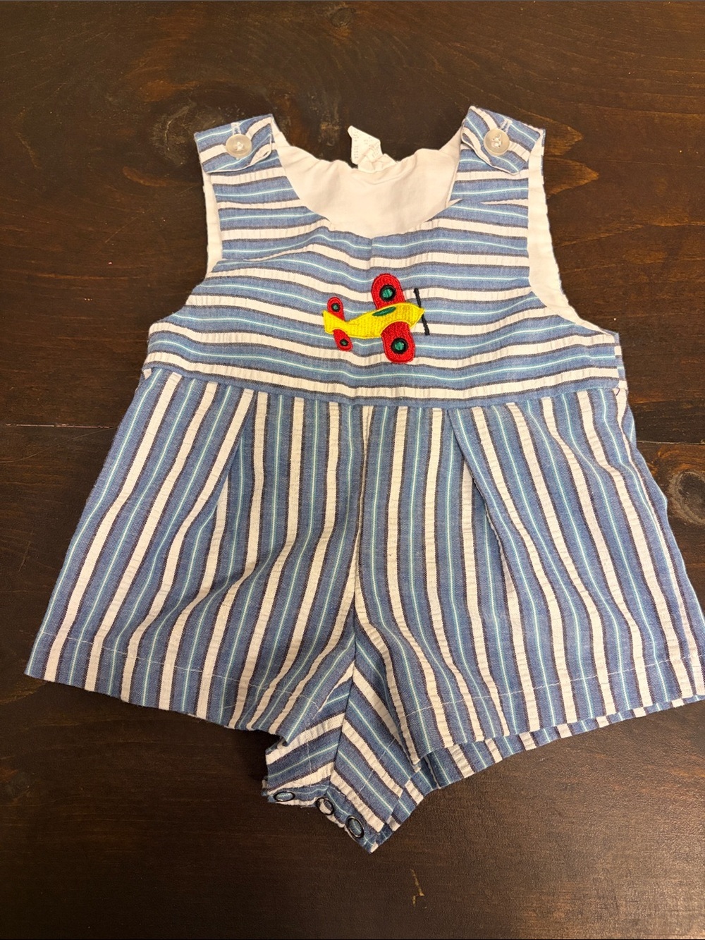 Vtg Blue and White Striped Baby Romper with Airplane Applique 3-6 months